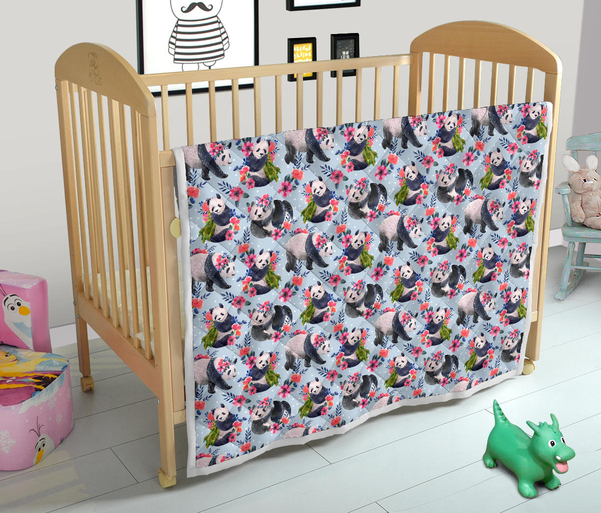 Panda Bear Flower Design Themed Print Quilt Bedspread