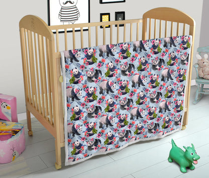Panda Bear Flower Design Themed Print Quilt Bedspread