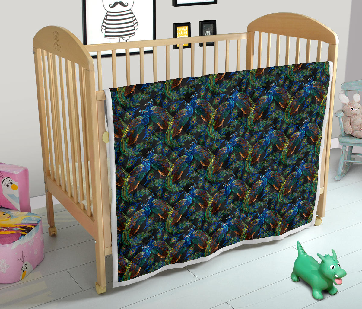 Peacock Themed Design Print Quilt Bedspread
