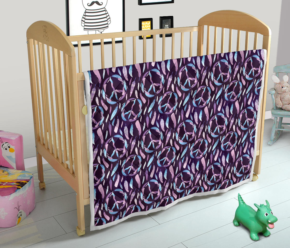 Peace Sign Feather Design Print Quilt Bedspread