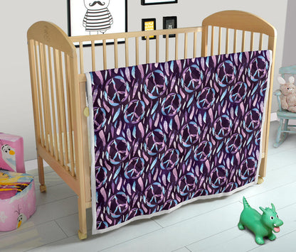 Peace Sign Feather Design Print Quilt Bedspread