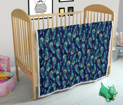 Peacock Feather Blue Design Print Quilt Bedspread