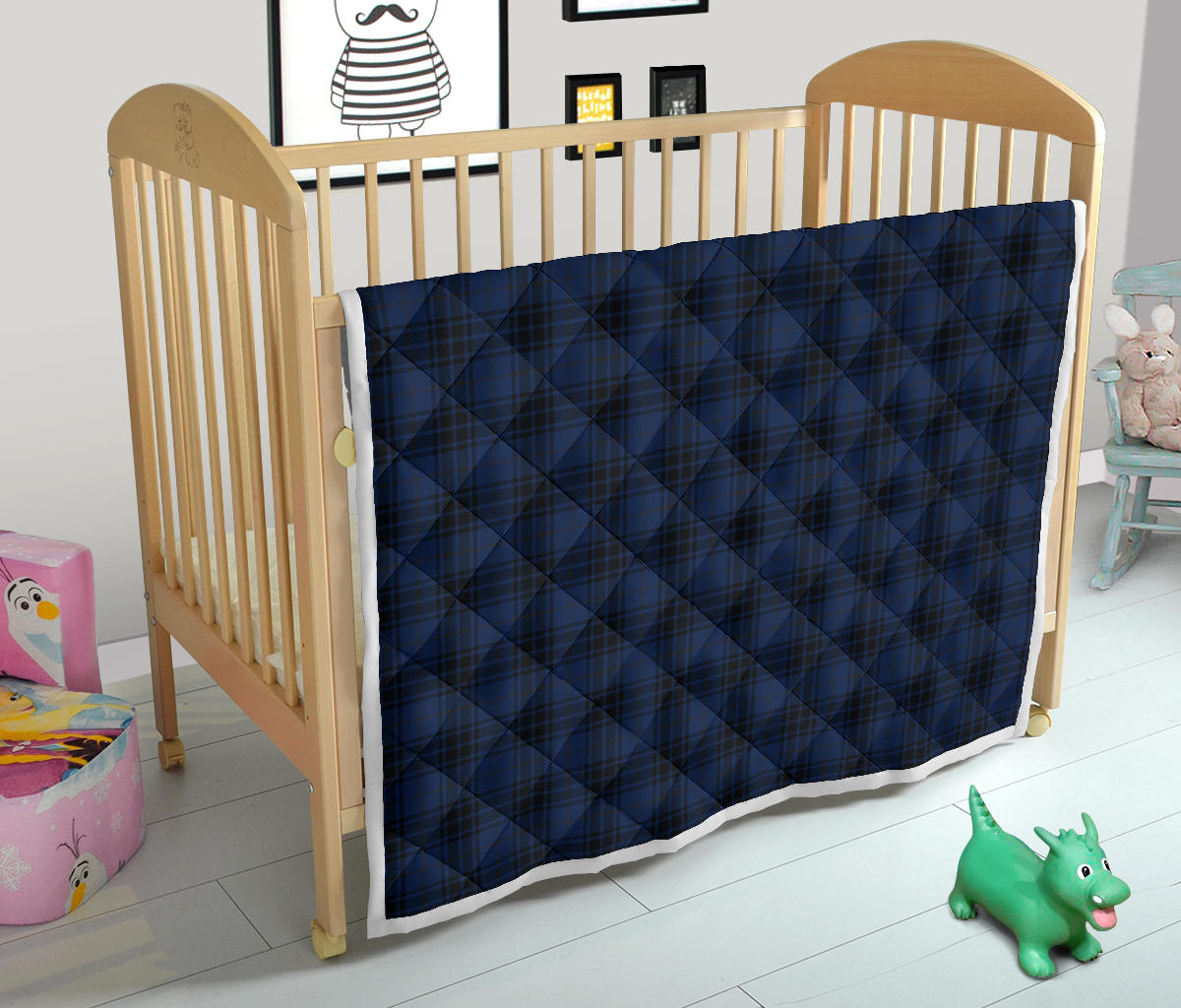 Navy Blue Tartan Plaid Pattern Quilt Bedspread