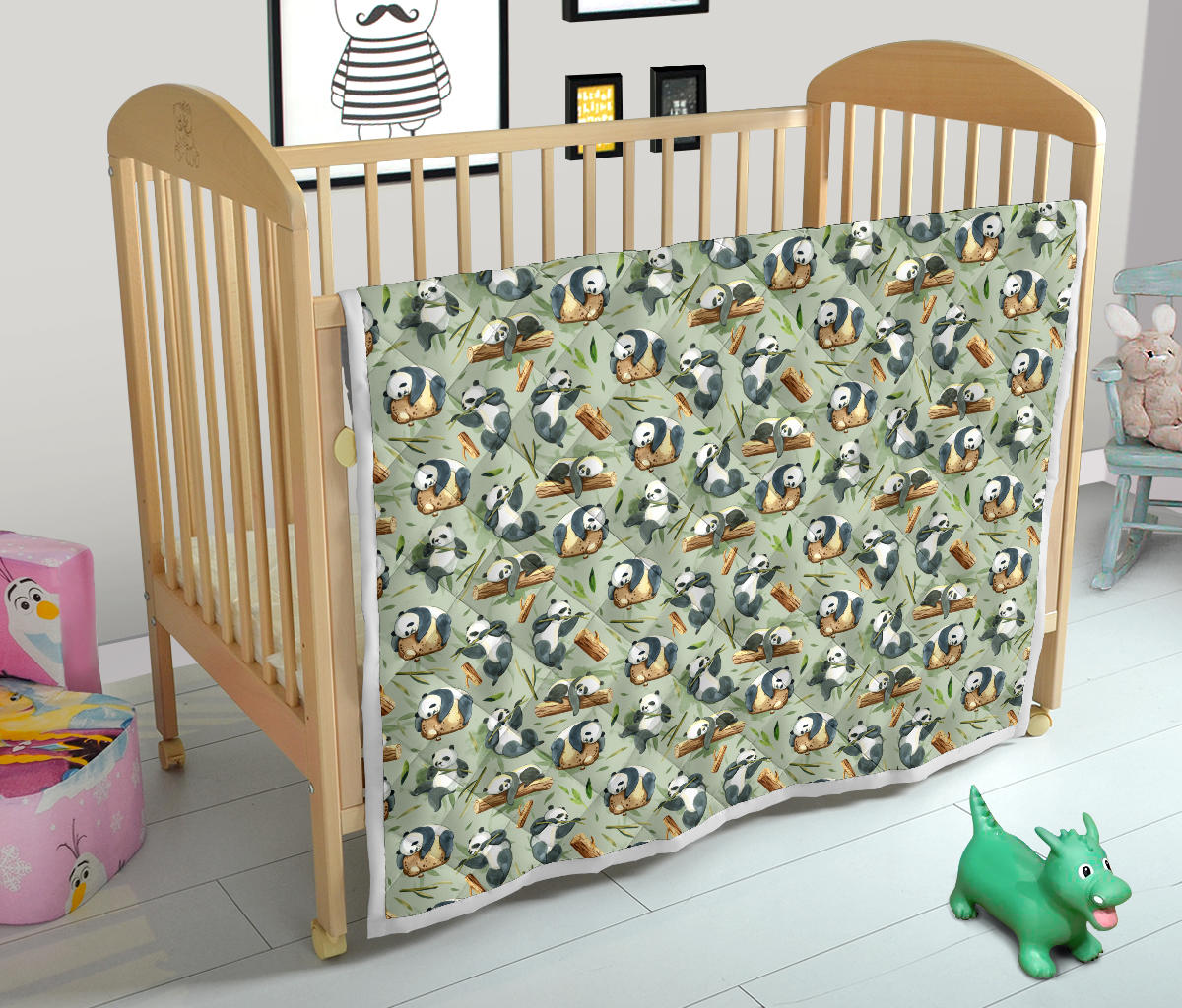 Panda Bear Design Bamboo Print Quilt Bedspread