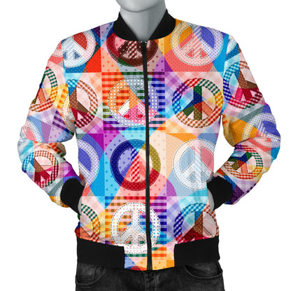 Peace Sign Patchwork Design Print Men Bomber Jacket