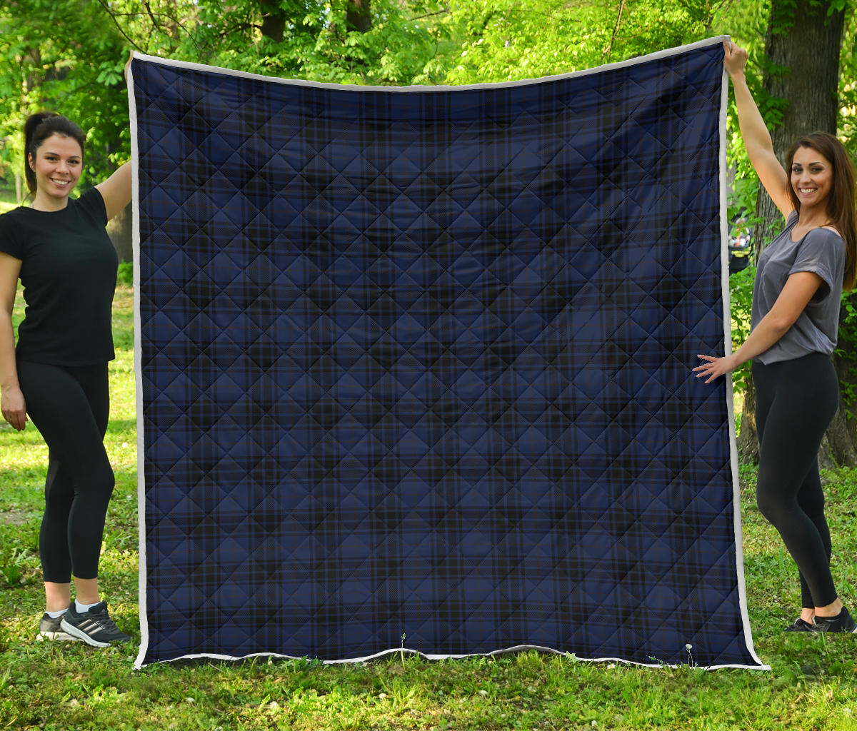 Navy Blue Tartan Plaid Pattern Quilt Bedspread