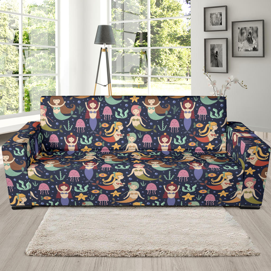 Mermaid Cartoon Pattern Print Design 03 Sofa Slipcover