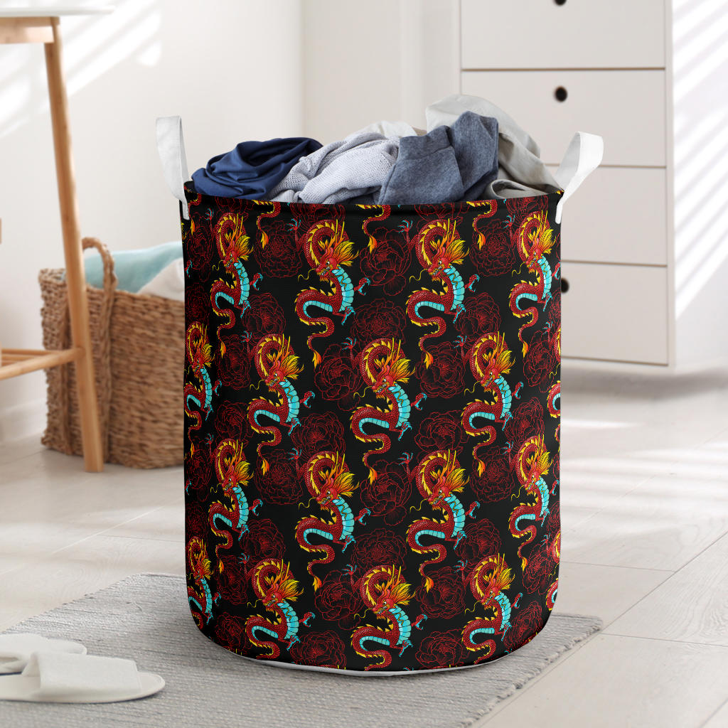 Chinese Dragons and Peonies Design Laundry Basket