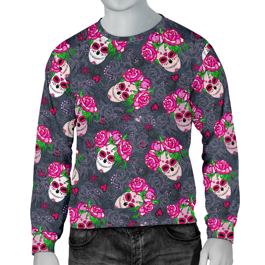 Sugar Skull Pink Rose Themed Print Men Long Sleeve Sweatshirt