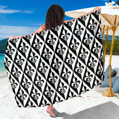 Fleur De Lis Black White Pattern Print Design 02 Sarong Pareo Wrap