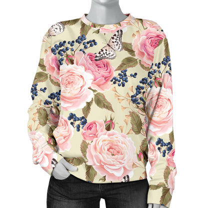 Floral Pink Butterfly Print Women Long Sleeve Sweatshirt
