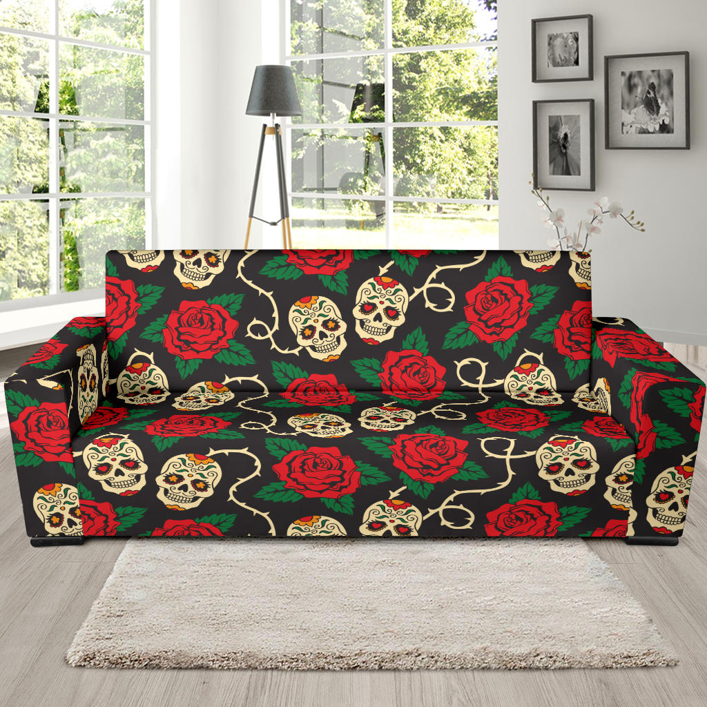 Sugar Skull Red Rose Print Design LKS301 Sofa Slipcover
