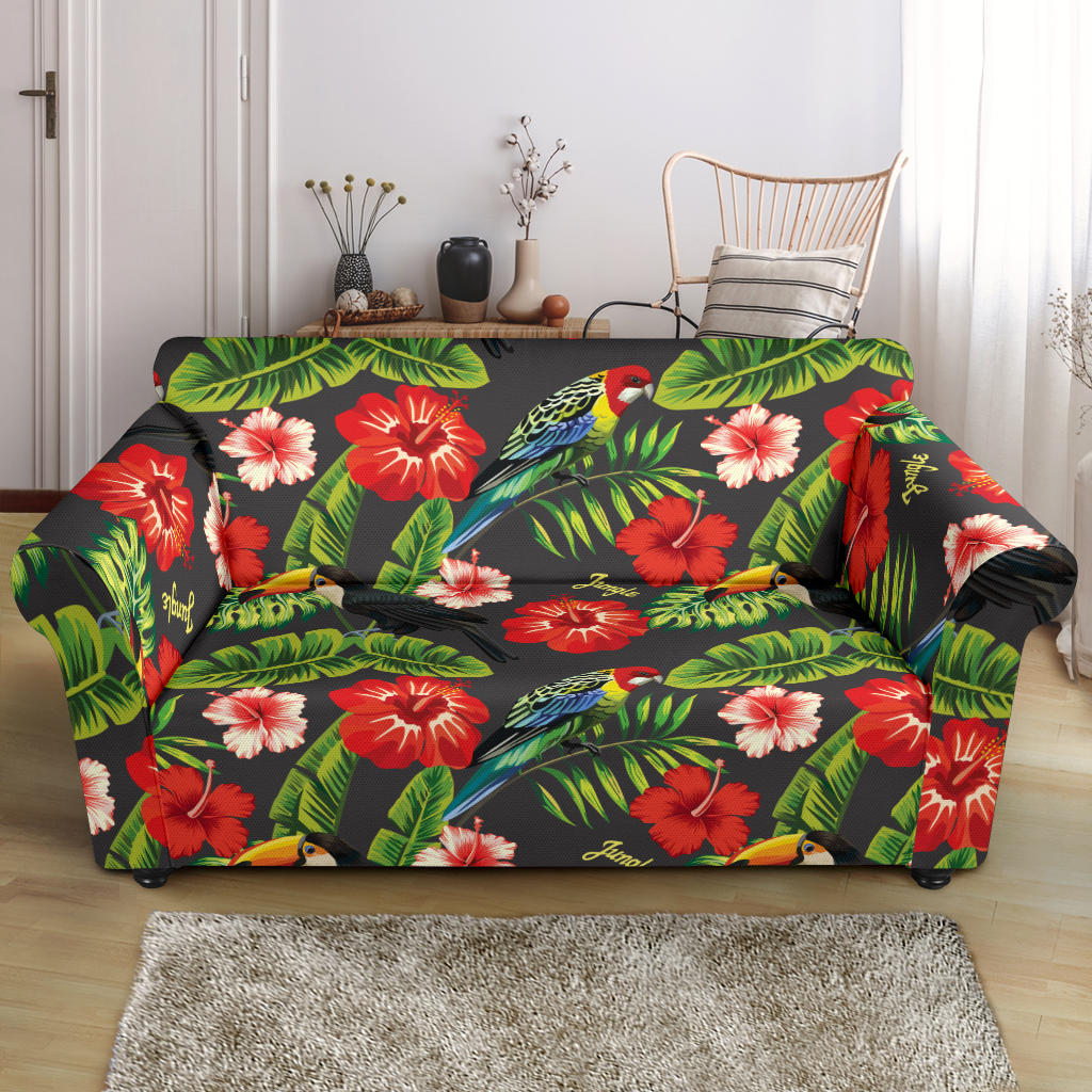 Hibiscus Red With Parrotprint Design LKS303 Loveseat Couch Slipcover