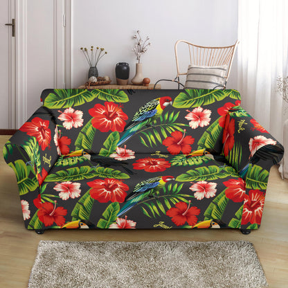 Hibiscus Red With Parrotprint Design LKS303 Loveseat Couch Slipcover