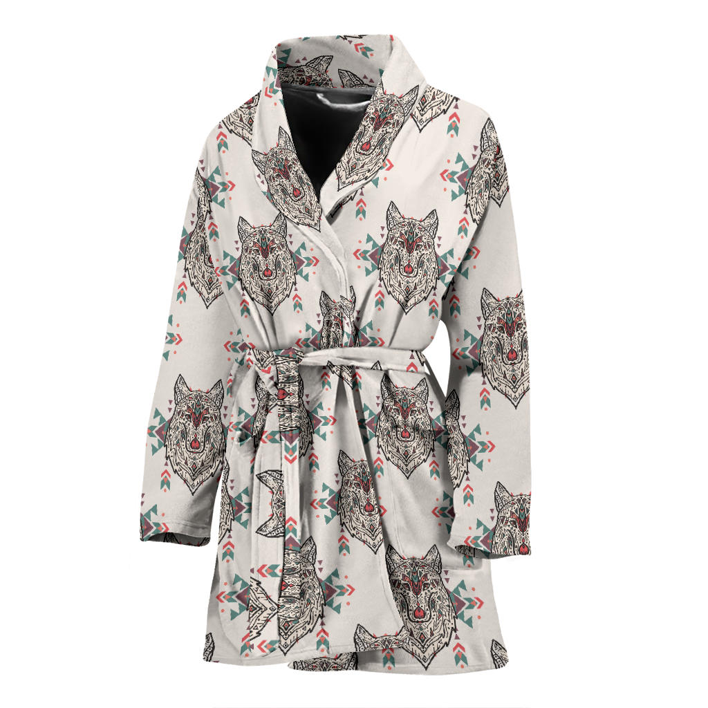 Aztec Wolf Pattern Print Design 01 Women Bathrobe