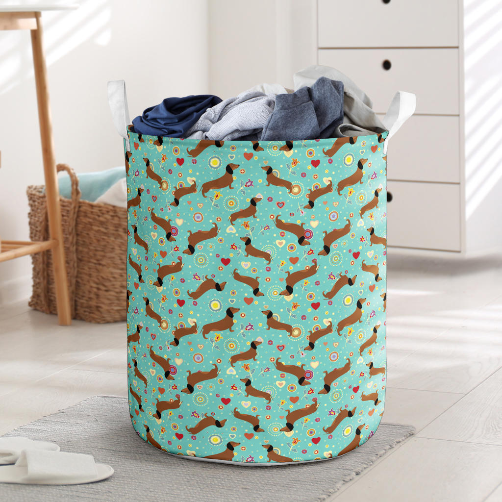 Dachshund with Floral Print Pattern Laundry Basket