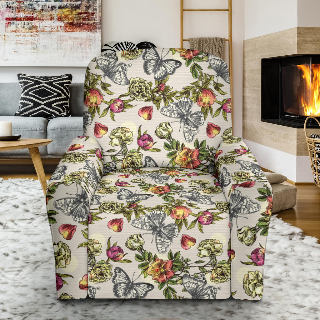 Butterfly Flower Pattern Print Design 06 Recliner Slipcover with Pocket