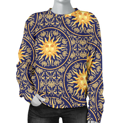 Celestial Gold Sun Face Women Long Sleeve Sweatshirt