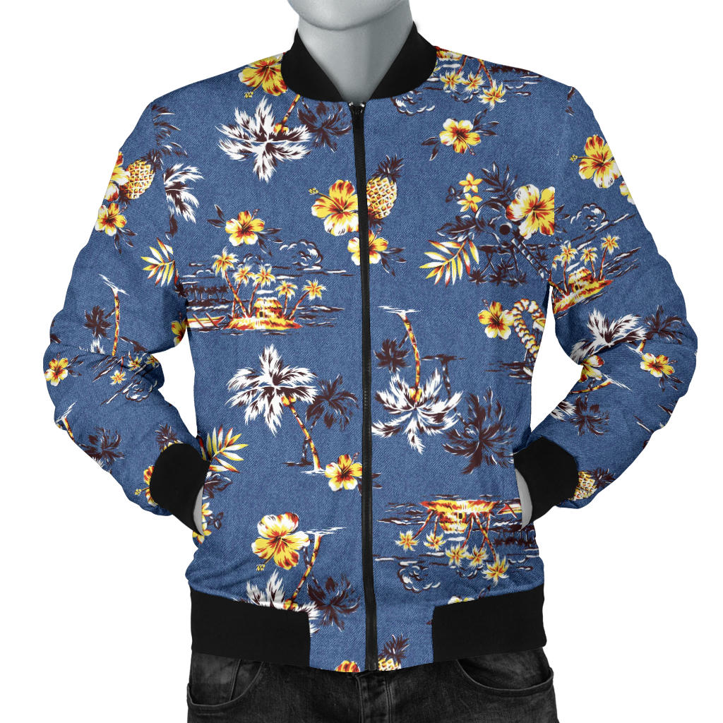 Hawaiian Flower Blue Print Men Bomber Jacket