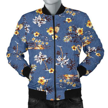 Hawaiian Flower Blue Print Men Bomber Jacket