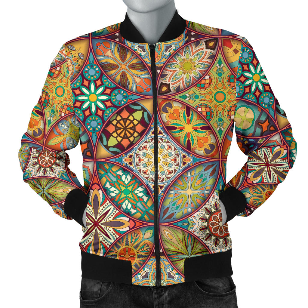 Mandala Flower Themed Design Print Men Bomber Jacket