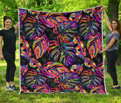 Neon Color Tropical Palm Leaves Quilt Bedspread