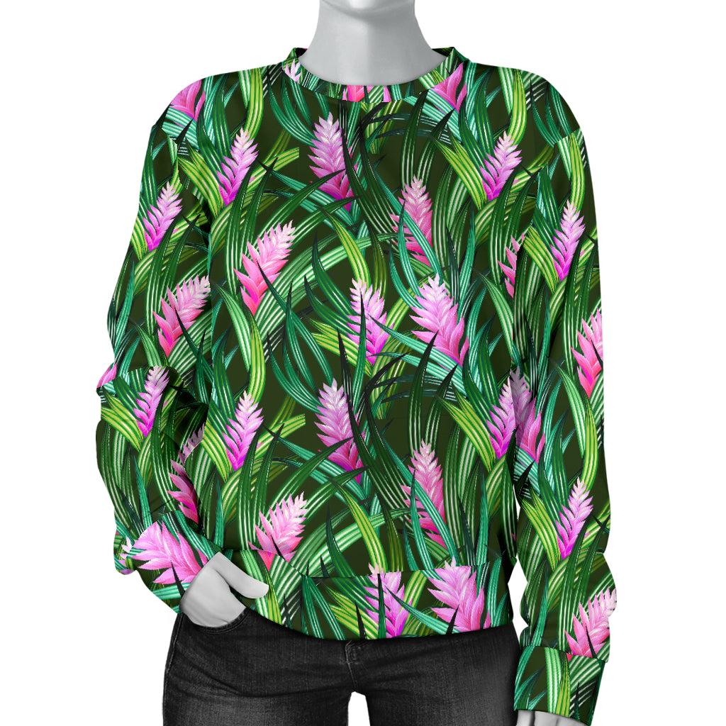Tropical Folower Pink Heliconia Print Women Long Sleeve Sweatshirt