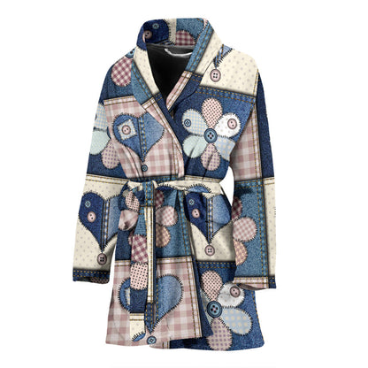 Patchwork Heart Flower Pattern Print Design 01 Women Bathrobe