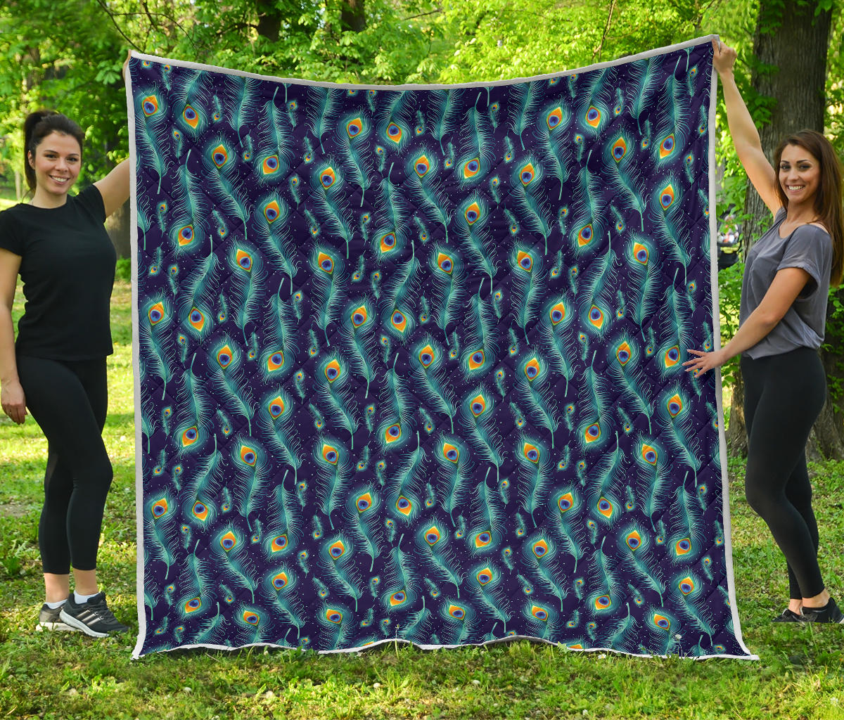 Peacock Feather Blue Design Print Quilt Bedspread