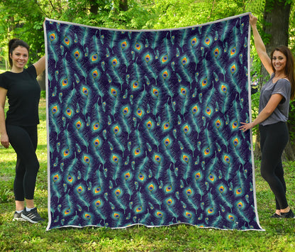 Peacock Feather Blue Design Print Quilt Bedspread