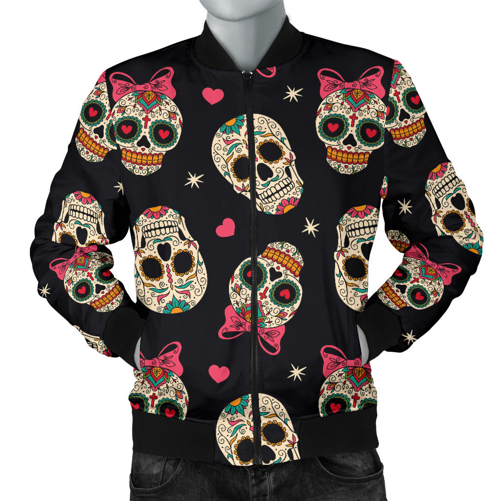 Sugar Skull Pink Bow Themed Print Men Bomber Jacket