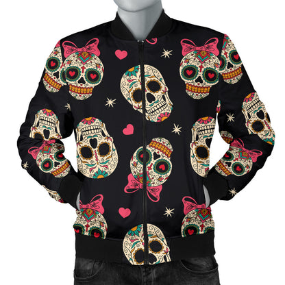 Sugar Skull Pink Bow Themed Print Men Bomber Jacket