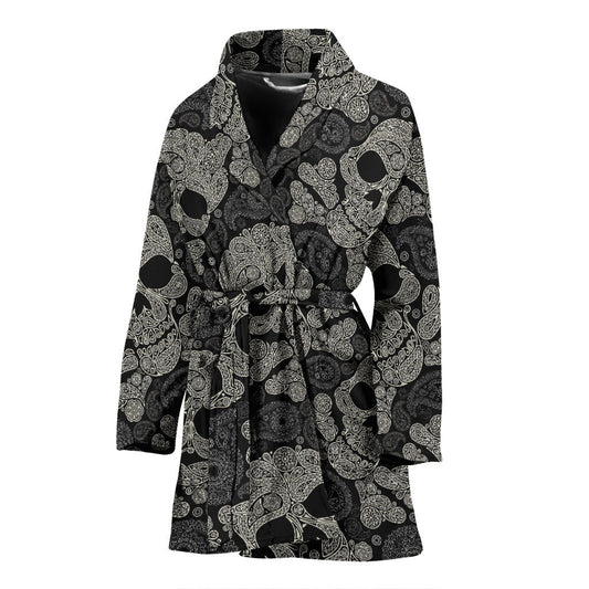 Paisley Skull Pattern Print Design A01 Women Bathrobe