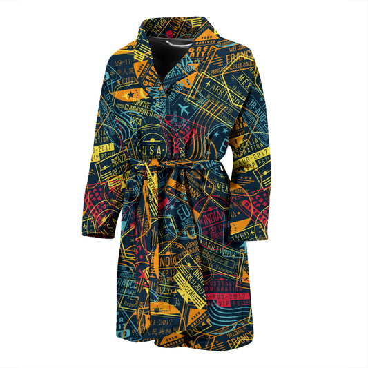 Travel Stamp Colorful Print Design LKS304 Men Bathrobe