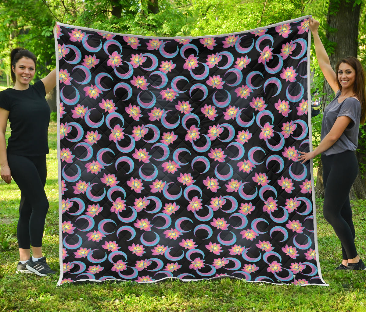 Lotus with Moon Pink Print Themed Quilt Bedspread