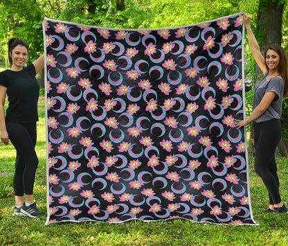 Lotus with Moon Pink Print Themed Quilt Bedspread