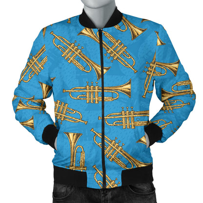 Trumpet Golden Pattern Themed Print Men Bomber Jacket