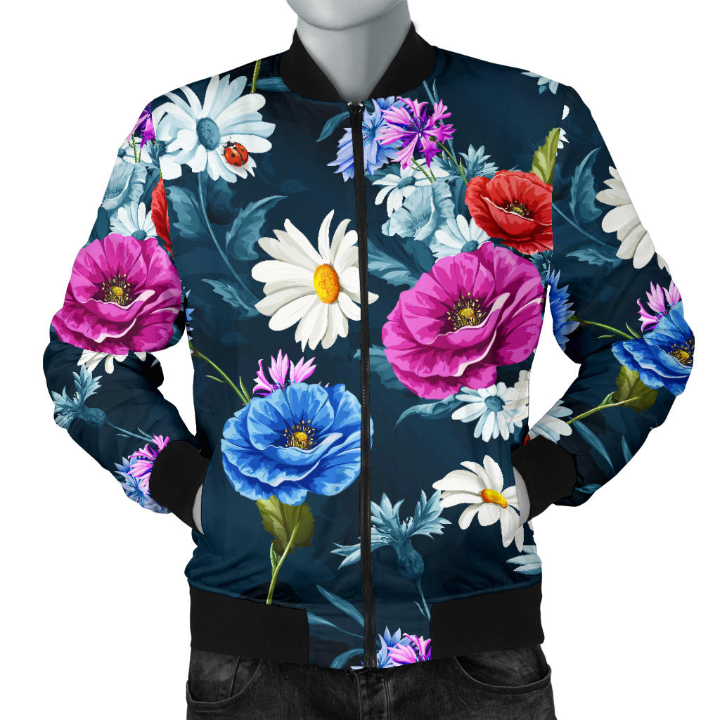 Floral Blue Themed Print Men Bomber Jacket