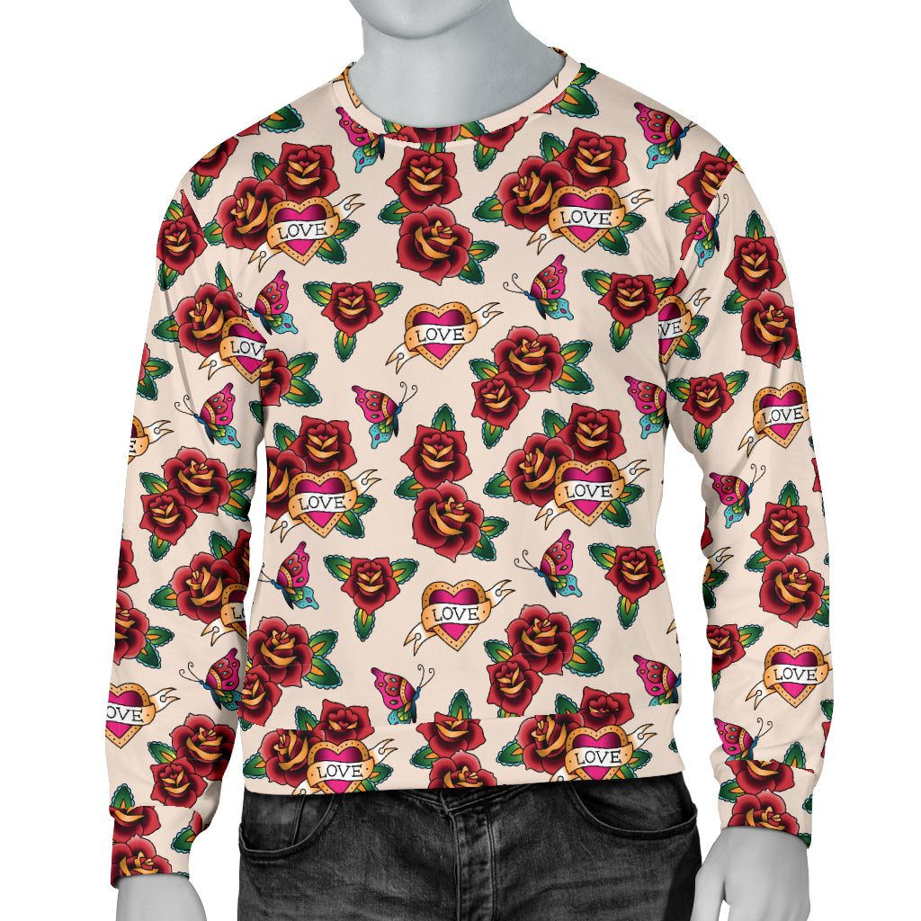 Old School Tattoo Rose Pattern Men Long Sleeve Sweatshirt