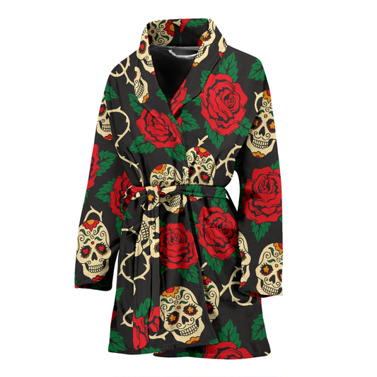 Sugar Skull Red Rose Print Design LKS301 Women Bathrobe