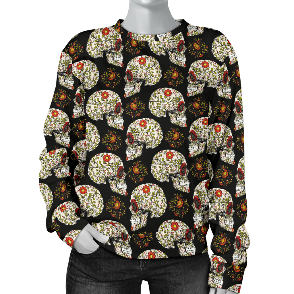 Sugar Skull Flower Design Themed Print Women Long Sleeve Sweatshirt