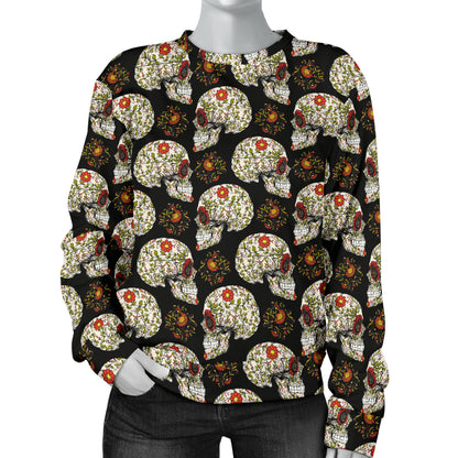 Sugar Skull Flower Design Themed Print Women Long Sleeve Sweatshirt