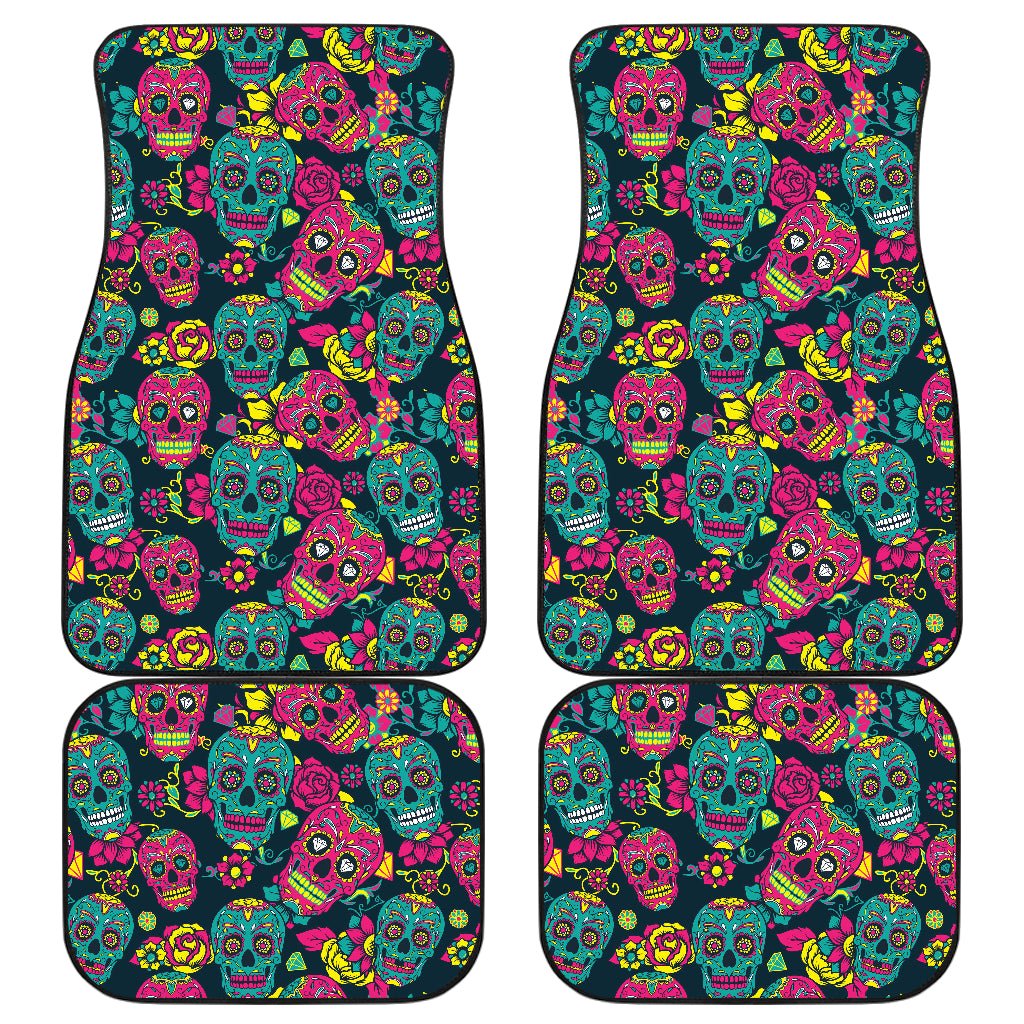 Sugar Skull Floral Design Themed Print Car Floor Mats Front Back
