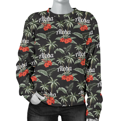 Aloha Palm Tree Design Themed Print Women Long Sleeve Sweatshirt