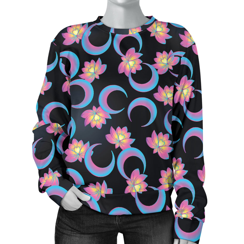 Lotus with Moon Pink Print Themed Women Long Sleeve Sweatshirt