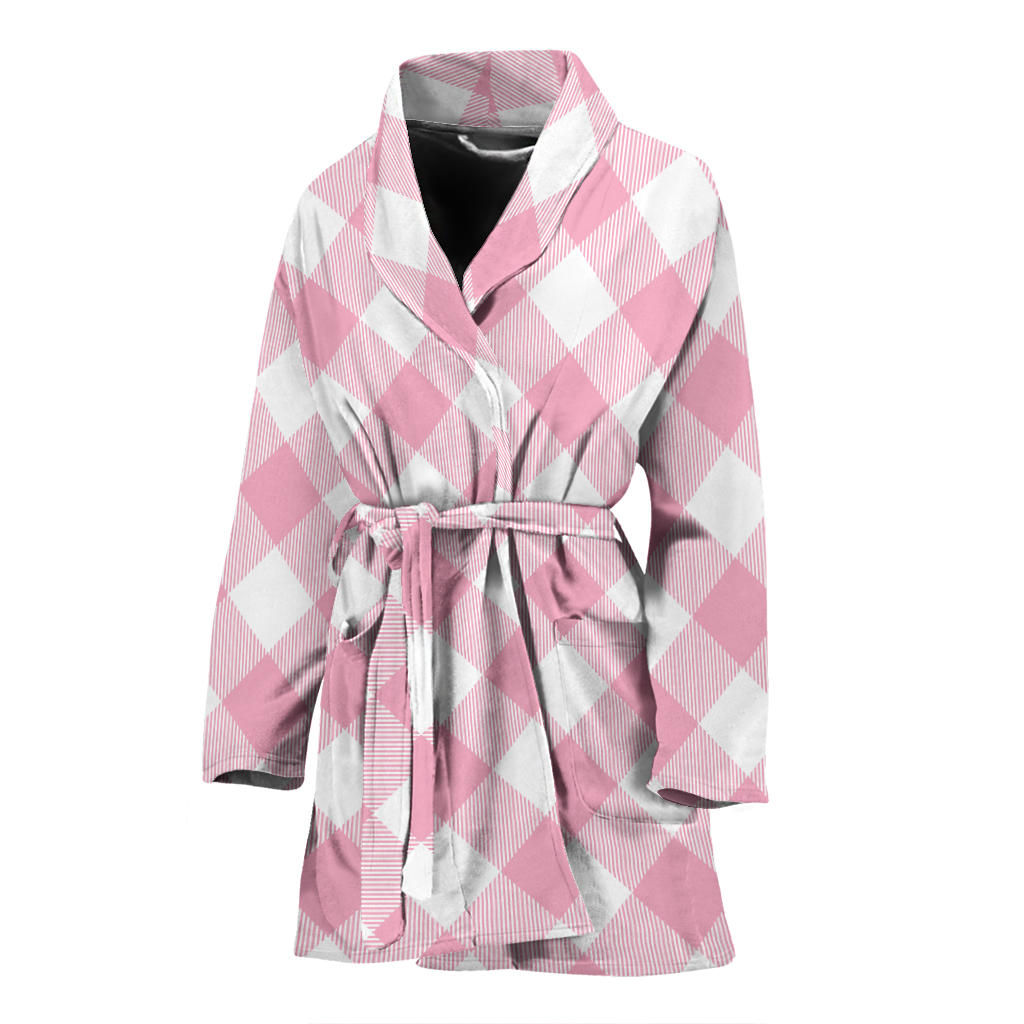 Gingham Pink Pattern Print Design 02 Women Bathrobe