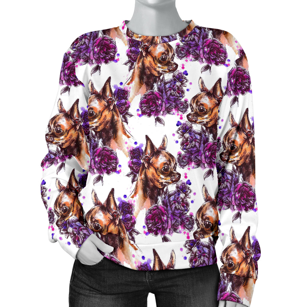 Chihuahua Purple Floral Women Long Sleeve Sweatshirt