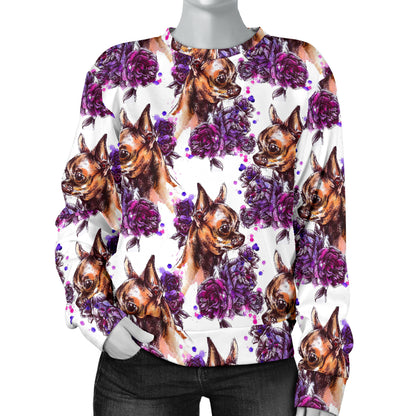 Chihuahua Purple Floral Women Long Sleeve Sweatshirt