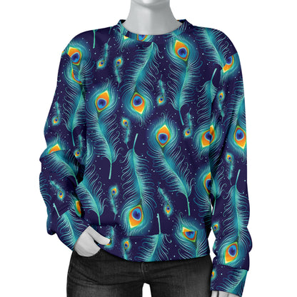 Peacock Feather Blue Design Print Women Long Sleeve Sweatshirt