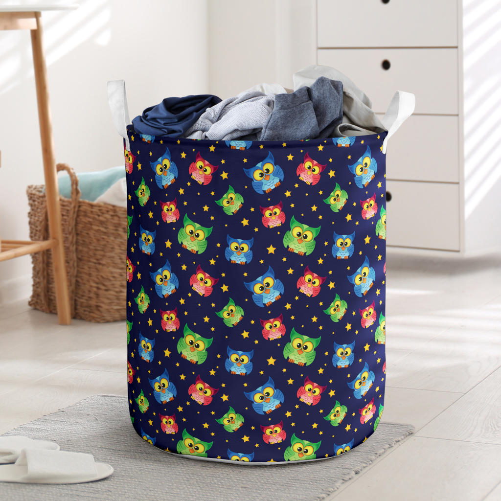 Owl with Star Themed Design Print Laundry Basket